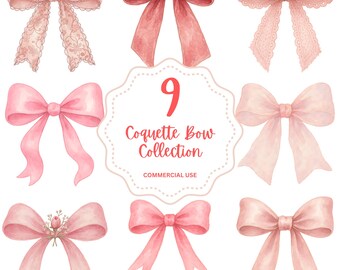 Pink Coquette Bow Clipart Set | 9 Watercolour Bow PNGs | Girly Ribbon Clip Art | Soft Aesthetic | Transparent Background | Instant Download
