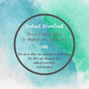 Op de afbeelding: Digitale downloadafbeelding met een aquarelachtergrond in blauw- en groentinten. De tekst in een grijze cirkel luidt "Direct downloaden", "Dit is een digitale aanbieding" en "PNG". De bestanden zijn ontworpen voor snijmachines en printen.