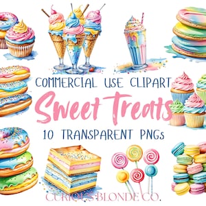 Clipartbundel met zoete lekkernijen – 10 transparante png-bestanden | Donuts, cupcakes, ijs, macarons | Commercieel gebruik | Digitale download