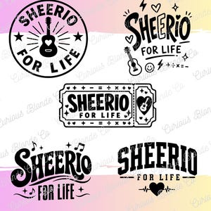 Peut inclure: Un ensemble de cinq motifs graphiques noirs sur fond clair. Chaque motif présente le texte 'SHEERIO FOR LIFE' dans des polices variées, accompagné d'icônes incluant des guitares acoustiques, des cœurs, des notes de musique et des symboles mathématiques.