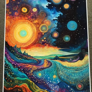 Póster de arte abstracto con sol y planetas cósmicos vibrantes de 18 x 24 pulgadas