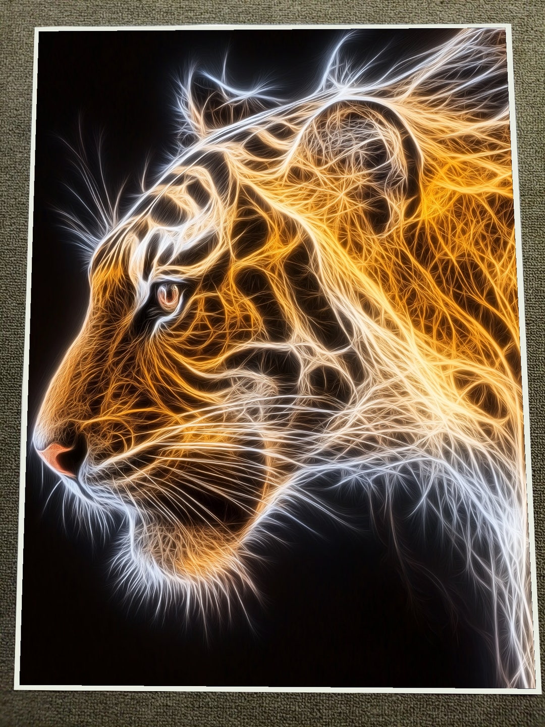 Neon Tiger Head in Abstract Fractal Design Poster 18x24in Etsy