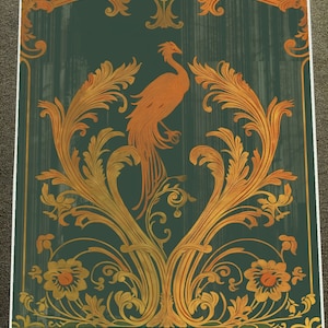 Poster d'art mural vintage Phoenix orange et filigrane or, 40 x 61 cm