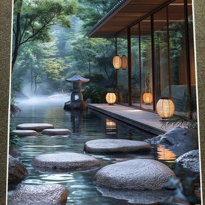 Poster Japanischer Garten mit Trittsteinen und Laternenreflexion 45x60cm