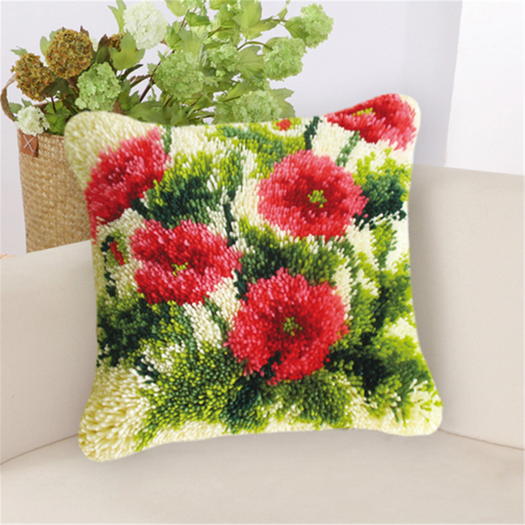 Bonarty Flower Model Latch Hook Kit Floral Cushion Cover DIY Craft Needlework Crocheting Cushion Embroidery 16 x 16 inch 