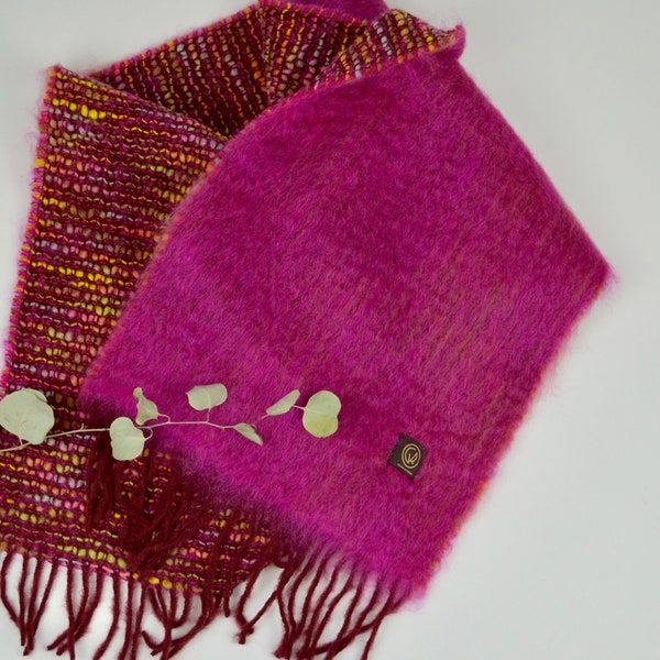 COCO Elegance: Fuchsia Pink Mohair Wool Scarf with Garnet Fringe - Luxurious Wrap - A Gift for Her, Him, and You