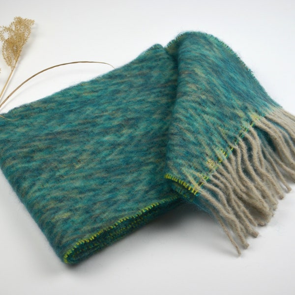 SCARF KEOPS-Mohair wool scarf-Turquoise with the fringes in ecru and the herringbone in turquoise aquamarine blue -Unique Gift-Winter Scarf