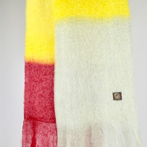 SCARF COLOR BLOCK-Mohair wool extra long scarf with fringes - Oversized Red, Yellow, and Green Shawl with Stripes-Gift for her, him, and you
