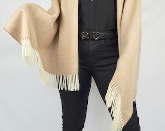 Baby Alpaca Wool Throw: Herringbone Camel Blanket with Leather Strap