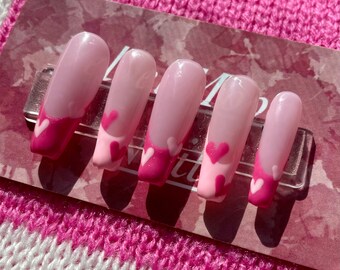 Pink French Tip with Hearts Press on Nails| Valentines Day Nails