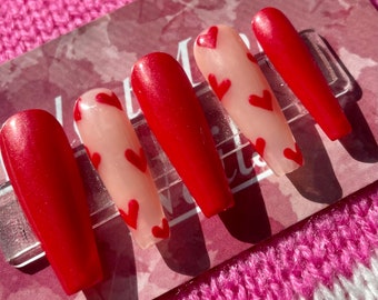 Red Shimmer Hearts Press on Nails| Valentines Day Nails