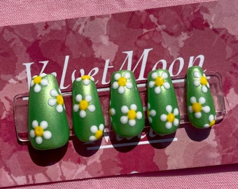 Green Shimmer Press on Nails with White Flowers