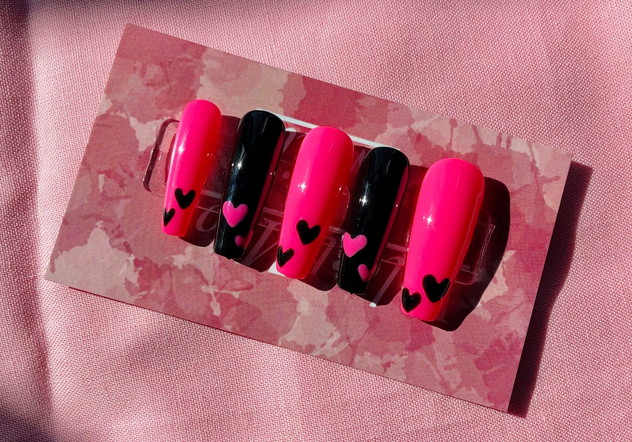 Black and Neon Pink Press on Nails Valentines Day Nails - Etsy