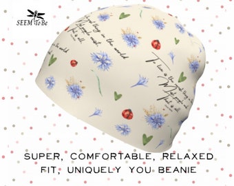 Cornflowers and Ladybugs Cream Beanie | Unique Lightweight Cap | Soft Hat for Chemo Patient