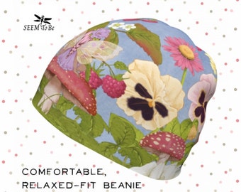 Pansies and Lilac Fairy Beanie | Unique Lightweight Cap | Soft Hat for Chemo Patient