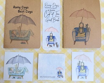 Rainy Days Reading Gift Set | Notebooks, Bookmark, Stickers, & Post It Notes | Book Lover Stationery Bundle