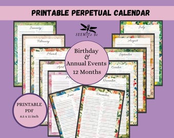 Calendario perpetuo floreale stampabile / Planner / Mesi / Compleanno e anniversario / (5,5" x 8,5", download digitale, PDF)