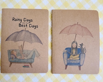 Cute Notebooks | Kraft Covers | Handsewn | Rainy Days Booklovers | 4” x 5.5” | 32-lined pages