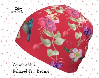 Floral Fuchsia Beanie ~ Red | Unique Lightweight Cap | Soft Hat for Chemo Patient
