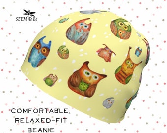 Owl Beanie | Quirky Colorful Slouchy Toque | Lightweight Cap | Soft Hat for Chemo Patient