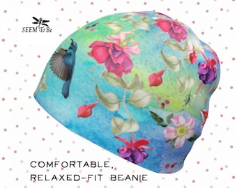 Floral Fuchsia Beanie ~ Blue | Lightweight Cap | Soft Hat for Chemo Patient