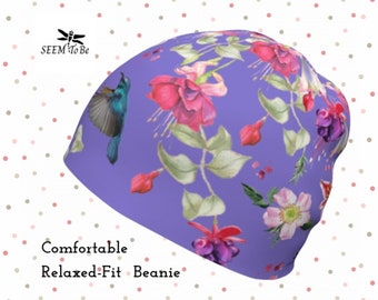 Floral Fuchsia Beanie ~ Purple | Unique Lightweight Cap | Soft Hat for Chemo Patient