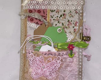 Shabby Chic Junk Journal | Pink Butterfly Lace Journal | Coffee Dyed Paper, Unique One of a Kind Up-cycled Book