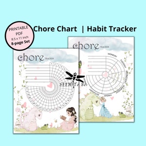 May include: Printable chore chart and habit tracker with a whimsical dragon and fairy illustration. The chart features a circular grid for tracking daily habits or chores. The text "chore tracker" is printed at the top of the chart.