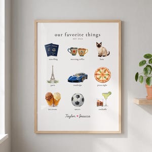 Lámina artística personalizada de "Cosas favoritas", regalo de compromiso, regalo de aniversario, regalo personalizado de acuarela para parejas, San Valentín