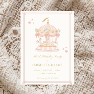 Modello di invito di compleanno con giostra, giostra stravagante rosa e oro, compleanno principessa acquerello pastello, modello Canva
