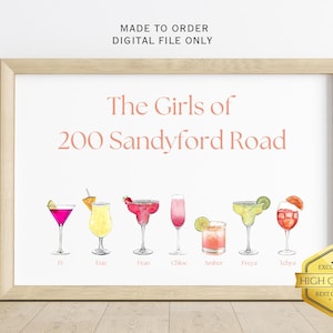 Benutzerdefinierte Cocktail Wohnung Wandkunst, Mitbewohner Geschenke, Wohnheim Dekor, personalisiertes Geschenk, Einzigartiges Brautjungfer Geschenk, Bar Wandkunst, Freundin Geschenk