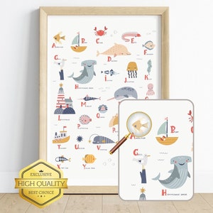 Nautical Sea Animal Educational Wall Art for Kids&#39; Room Decor | Alphabet Poster Nautical Theme | Printable Nursery Poster | Digital Download