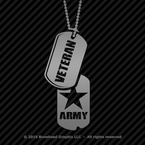 May include: A silver-colored dog tag necklace with the words "VETERAN" and "ARMY" on the tags. The necklace is on a black and white striped background.
