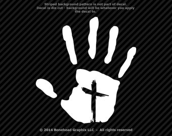 Hand Print With Christian Cross Religious Vinyl Decal Window Sticker - 25 Colors