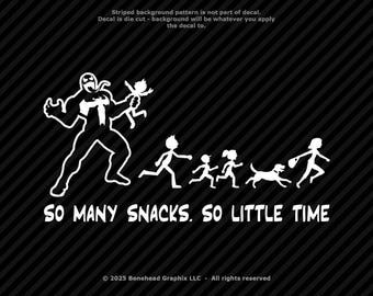 Alien Symbiote Attacks Stick Family - So Many Snacks - So Little Time - Funny M-L Vinyl Decal Window Sticker - 25 Colors