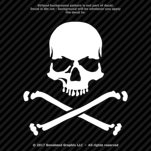 May include: White skull and crossbones design.  The skull has a menacing expression with a furrowed brow and a wide, toothy grin.  The crossbones are simple and symmetrical.  The design is isolated on a black and white striped background.  ©2017 Bonehead Graphix LLC - All rights reserved.