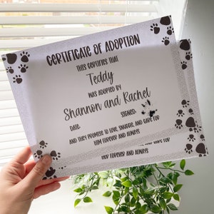 May include: A white certificate of adoption with black paw prints around the border. The text reads "Certificate of Adoption", "This certifies that Teddy was adopted by Shannon and Rachel", "Date:", "Signed:", "And they promise to love, snuggle, and care for him forever and always", and "Her forever and always".