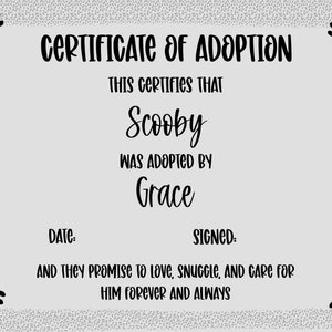 May include: A black and white certificate of adoption for a pet named Scooby, adopted by Grace. The certificate has paw prints around the border and the text "CERTIFICATE OF ADOPTION" at the top.