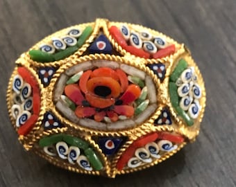 Vintage Jewelry Millefiori Glass Brooch with a Pewter Center