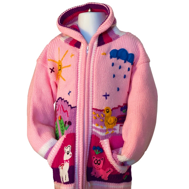 colorful sweater- children Pink Hooded cardigan Handmade Peruvian Sweater EMBROIDERED KIDS SWEATER Handmade kids cardigan