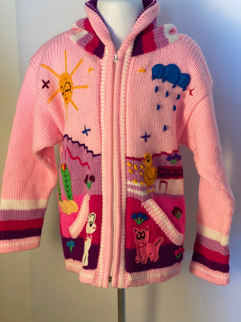 colorful sweater- children Pink Hooded cardigan Handmade Peruvian Sweater EMBROIDERED KIDS SWEATER Handmade kids cardigan