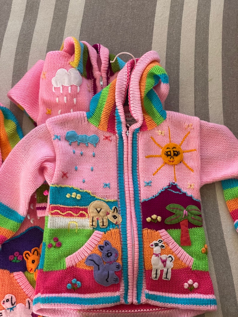 colorful sweater- children Pink Hooded cardigan Handmade Peruvian Sweater EMBROIDERED KIDS SWEATER Handmade kids cardigan