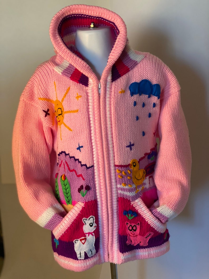 colorful sweater- children Pink Hooded cardigan Handmade Peruvian Sweater EMBROIDERED KIDS SWEATER Handmade kids cardigan