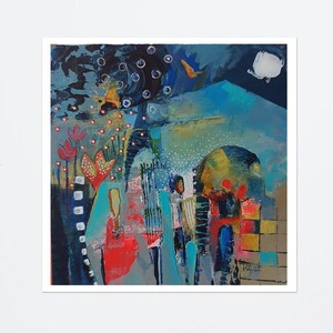 Expectativa, impresión en papel mate mejorado Giclée de pintura abstracta original hecha a mano en acrílico sobre lienzo de 20 x 20 cm.