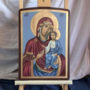 Mother Mary Hodegetria, Holy Virgin Mary with Child Jesus Christ, Byzantine Handmade Wood Icon, Christian Orthodox Wall Hanging Iconography