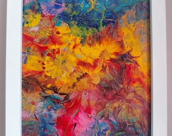 Mother's Garden Acrylic Pour Art Painting Original abstract Art, Framed Canvas Board 26.5x20.5x3.5cm,