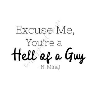 May include: Black and white text on a white background that reads "Excuse Me, You're a Hell of a Guy - N. Minaj"