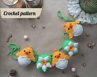 Easter Garland Crochet Pattern: Chicks and Daffodils, amigurumi crochet pattern Easter decoration, crochet Easter chicken