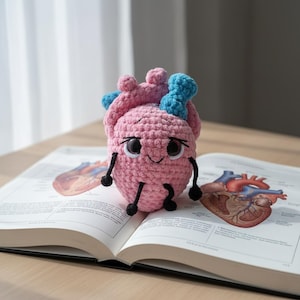 May include: A pink crocheted heart-shaped plush toy with a smiling face, black limbs, and blue accents. The toy is sitting on an open book with anatomical heart illustrations. The background is a light-colored surface and a window.