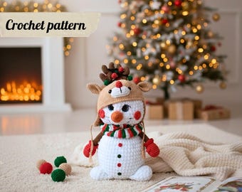 Snowman Crochet Pattern, Reindeer Hat Amigurumi PDF, Christmas Snowman Tutorial, Cute Winter Crochet Toy Pattern, Holiday DIY Gift